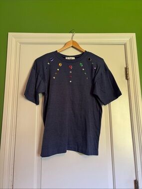 Peter Popovitch Women’s Large Navy Jewel-Embellished Sweater with shoulder pads